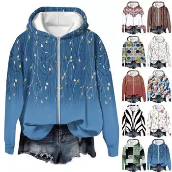 Пальто для женщин с длинным рукавом на молнии с принтом Верхняя одежда повседневные куртки L чёрный