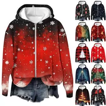 Пальто для женщин с длинным рукавом на молнии с рождественским принтом верхняя одежда повседневные куртки L