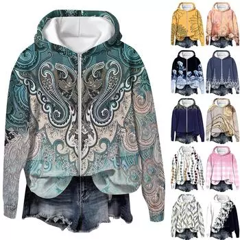 Пальто для женщин с длинным рукавом на молнии с принтом Верхняя одежда повседневные куртки M зелёный