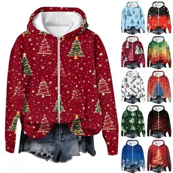 Пальто для женщин с длинным рукавом на молнии с рождественским принтом верхняя одежда повседневные куртки L