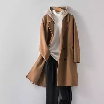 Пальто из 100% камвольной шерсти, осенне-зимнее шерстяное пальто с капюшоном, высококачественное двухстороннее пальто без кашемира для мужчин M чёрный