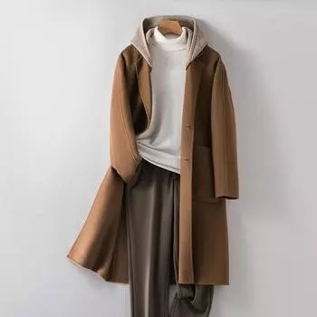 Пальто из 100% шерсти, повседневное двухстороннее шерстяное пальто с капюшоном, мужское свободное и тонкое пальто без кашемира M чёрный