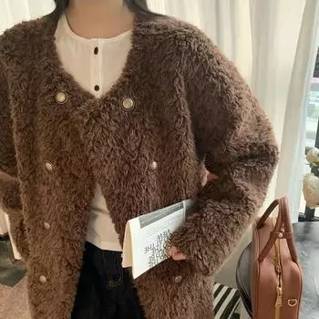 Пальто из экологически чистой шерсти, имитация овечьей шерсти, длинное пальто двубортного дизайна, меховое женское пальто большого размера one size fits all темно-коричневого