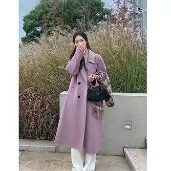 Пальто из бархата фиолетового цвета двухстороннее женское 2024 осень-зима корейская версия среднее и длинное свободное шерстяное пальто выше колена серое S фиолетовый