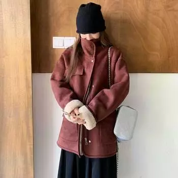 Пальто из цельного куска шерсти ягненка Ankora красного цвета для женщин, зимнее, новое, повседневное, повседневное, плюс бархатное, утолщенное, хлопковое пальто S