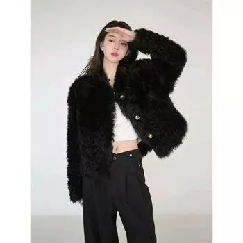 Пальто из черной овечьей шерсти женское маленькое ароматное ветровое зима 2024 новое утолщенное теплое экологически чистое меховое плюшевое верхнее S чёрный