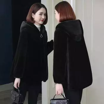 Пальто из флиса большого размера с золотой гравировкой 2024 года, новая осенне-зимняя утепленная одежда для мам, женская шуба из искусственного меха норки средней и длинной длины M чёрный