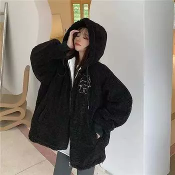Пальто из флиса и утепленной искусственной овечьей шерсти для девочек на осень и зиму 2024 года, новые модели для учеников младших и старших классов M чёрный