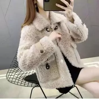 Пальто из гранулированной овечьей шерсти для женщин 2024 года, новое короткое свободное модное повседневное теплое пальто с меховой отделкой S 80-47.5 kg серый