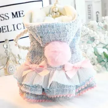 Пальто из грубого текстиля для домашних животных осень/зима, утолщенная юбка для кошек, принцессы, с капюшоном, пальто с комками шерсти, тяга для маленьких собак, плюшевый питомец, щенок XS