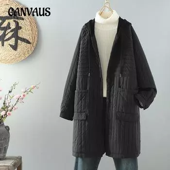 Пальто из хлопка большого размера с карманом и капюшоном в полоску, женская повседневная куртка средней длины из тонкого хлопка в стиле ретро, зимнее пальто M кофейный