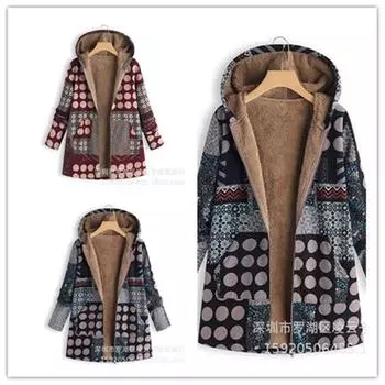 Пальто из хлопка и льна в стиле ретро с капюшоном на молнии, толстое теплое большое хлопковое пальто с пушистой подкладкой из овечьей шерсти, европейский стиль, печать на осень и зиму S