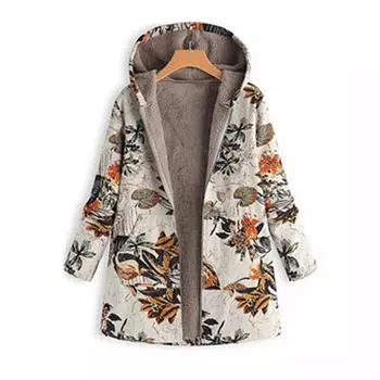 Пальто из хлопка с капюшоном и длинными рукавами с принтом листьев, утолщенное, теплое, свободное, повседневное, для женщин, средней длины, на осень и зиму S кофейный