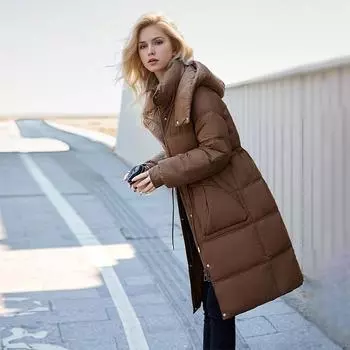 Пальто из хлопка с перьями, женская длинная зимняя утолщенная свободная куртка выше колена с капюшоном M бежевый