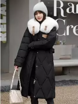 Пальто из хлопка Женское пальто из хлопка с маленькими ароматными лацканами и ромбами Модное повседневное свободное утолщенное пальто длиной до колена M чёрный