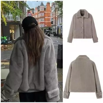 Пальто из искусственного меха для женщин, пушистый отложной воротник, свободное женское пальто, модная теплая женская верхняя одежда 2024 года, зимнее рождественское уличное пальто S серый