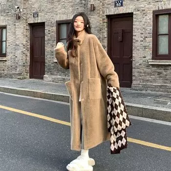 Пальто из искусственного меха кролика Рекс, женское, средней и длинной длины, зимнее, новое корейское, утолщенная шерсть ягненка, воротник-стойка, плюшевое пальто, прилив S хаки