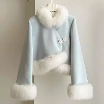 Пальто из искусственного меха лисы для женщин, новое утолщенное зимнее сращивание, короткая куртка для женщин S синий