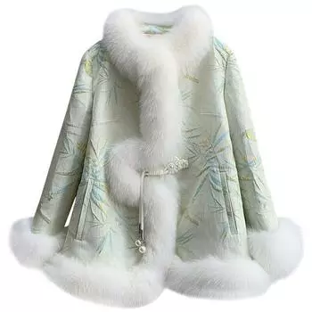 Пальто из искусственного меха лисы в стиле Зимнего дворца с китайской хлопковой одеждой на пуговицах и меховой накидкой для женщин S синий