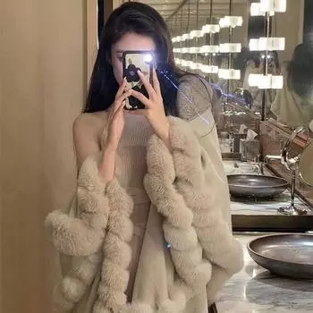 Пальто из искусственного меха Милая пушистая накидка в сочетании с юбкой, осенне-зимняя двухслойная вязаная шаль, универсальная и стильная куртка для девочек XL розовый