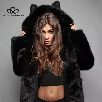 Пальто из искусственного меха, оптовая продажа, женские уши с капюшоном, мультяшное плюшевое пальто из лисьего меха, повседневное стильное длинное пальто, сексуальное пальто S белый