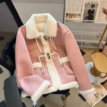 Пальто из искусственного меха ягненка, осенне-зимнее, женское, новое, локомотивное, ветровое, из оленьей кожи, бархатное, короткое, с интегрированным хлопковым подкладом S розовый