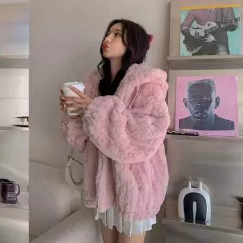 Пальто из искусственного меха ягненка, женская новинка 2024 года, утолщенный ленивый кардиган с капюшоном в иностранном стиле из хлопка S розовый