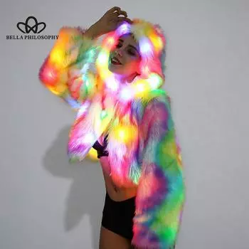 Пальто из искусственного меха с лисьим мехом, женское пальто для косплея на Хэллоуин, Рождество, красочные светодиодные фонари, короткое пальто, женское пальто для косплея S разноцветный