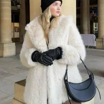 Пальто из искусственного меха средней длины для женщин, свободное, утолщенное, теплое, с лацканами, с длинным рукавом, женское, зимнее, модное, повседневное, элегантное, верхняя одежда для женщин XS белый