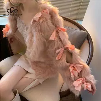 Пальто из искусственного меха, женское новое осенне-зимнее пальто из искусственного лисьего меха с бантом, короткий топ, модное повседневное элегантное пальто one size розовый