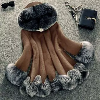 Пальто из искусственного меха, женское осеннее и зимнее пальто из норки, куртка с капюшоном и воротником из лисьего меха, пальто большого размера из искусственного меха XXXXL