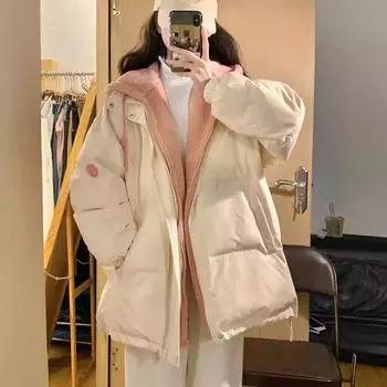 Пальто из искусственной двухкомпонентной овечьей шерсти с капюшоном и хлопковой подкладкой для женщин, зимнее новое модное контрастное пальто с хлопковой подкладкой S