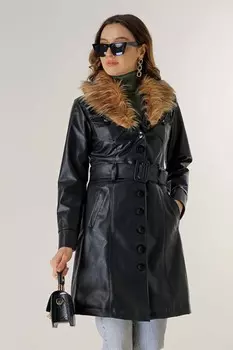 Пальто из искусственной кожи на подкладке с меховым воротником и поясом
