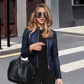 Пальто из искусственной кожи Yousheng Wmen, застегивающееся на молнию, кардиган с гладкой поверхностью, однотонный, с длинными рукавами, приталенная куртка, повседневная верхняя одежда для поездок на работу, учебы и работы 2XL темно-синий