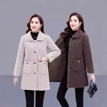 Пальто из искусственной овечьей шерсти для женщин среднего и пожилого возраста, свободное среднее и длинное модное повседневное цельное пальто на осень и зиму XL темно-коричневого