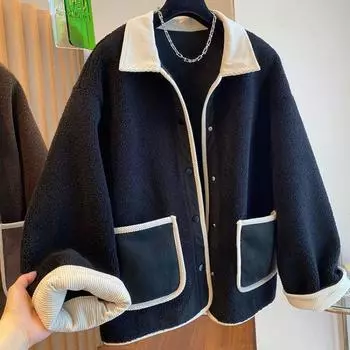 Пальто из искусственной овечьей шерсти, женская зимняя одежда 2024 года, новая корейская версия, свободное и тонкое, утолщенное, теплое, большого размера, шерстяное пальто с плетением S чёрный