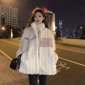Пальто из искусственной овечьей шерсти, женское, осенне-зимнее, с искусственным кроличьим пухом, с цветочным искусственным мехом, с утолщенным воротником-стойкой S