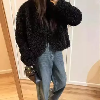 Пальто из искусственной овечьей шерсти для женщин на осень и зиму, новое черное высококачественное мягкое вощеное утолщенное плюшевое короткое пальто One Size (80-125) чёрный