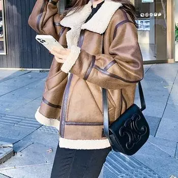 Пальто из искусственной овечьей шерсти с флисом, женское, 2024, с мехом, зимнее, свободное, универсальное, воротник-стойка, костюм локомотива M within 52.5kg чёрный