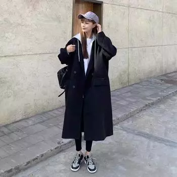 Пальто из искусственной шерсти черного цвета с капюшоном, состоящее из двух частей, для женщин, осень-зима 2024 года, новое утолщенное шерстяное пальто средней и длинной длины M чёрный