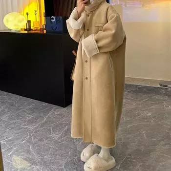 Пальто из искусственной замши с мехом, женское зимнее новое утолщенное длинное пальто из овечьей шерсти, шерстяное пальто S [Recommended 80-60kg]