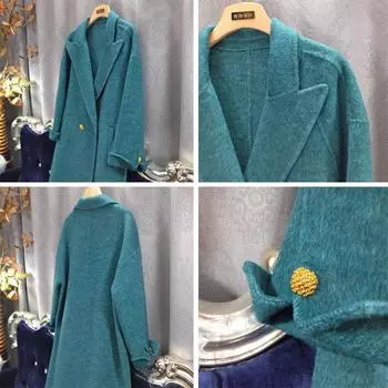 Пальто из кашемира Blue Ocean Legend Spot с двухсторонним узором, женская удлиненная свободная шерстяная куртка 2024 года S (90~ 65 kg) бирюзовый синий