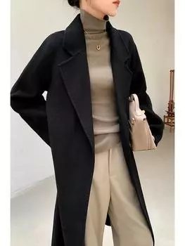 Пальто из кашемировой шерсти средней длины для миниатюрных женщин с поясом - Корейский стиль, Универсальное и простое, Коллекция 2024 года. M чёрный