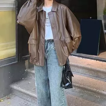 Пальто из кожи Майяра American Sweet Cool Wear Brown Pu Leather Coat Windproof Free Retro Motorcycle Jacket 3XL чёрный