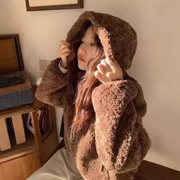 Пальто из ленивой шерсти ягненка, симпатичное, женское, осенне-зимнее, утолщенное, теплое, с небольшими инсинами, с капюшоном, для студентов S size 80-50kg кофейный