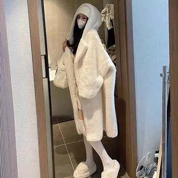 Пальто из меха с интегрированным мехом из экологически чистого меха ягненка с капюшоном из искусственной норки с плюшем и ленивым ветром, утолщенное женское зимнее XS 80 - 52.5kg белый