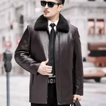 Пальто из натуральной кожи, пальто с воротником из норки, мужское пальто среднего возраста, овчина, теплый золотистый мех норки Nikon M