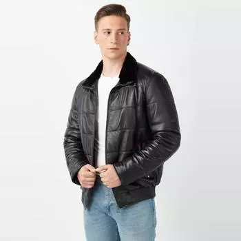 Пальто из натуральной кожи с меховой деталью, черное