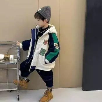 Пальто из овчины для мальчиков - Толстый зимний свитер с бархатом для детей, Модный и свободный крой 170 грязно-белый