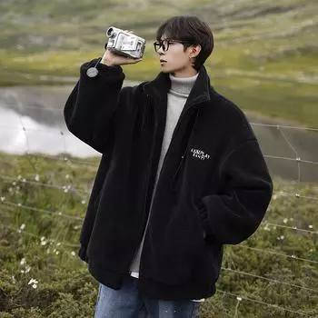 Пальто из овечьего бархата и хлопка для мужчин, осень-зима, новый модный бренд, стиль Гонконга, вышитые буквы, хлопковое пальто, куртка с воротником-стойкой, хлопковая куртка M